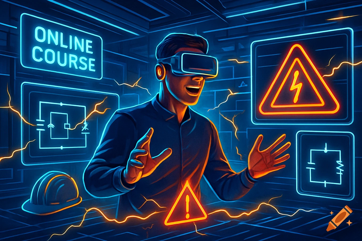 A man in VR headset interacts with glowing neon 'ONLINE COURSE' and electric safety symbols in a futuristic digital art scene.