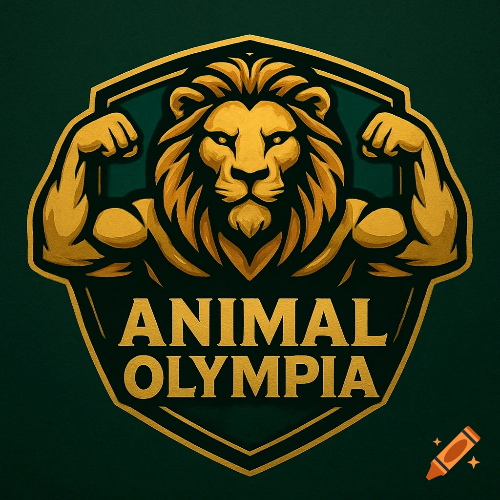 A gold and green logo of a muscular lion's head with flexing arms in a shield, with 'ANIMAL OLYMPIA' text below.
