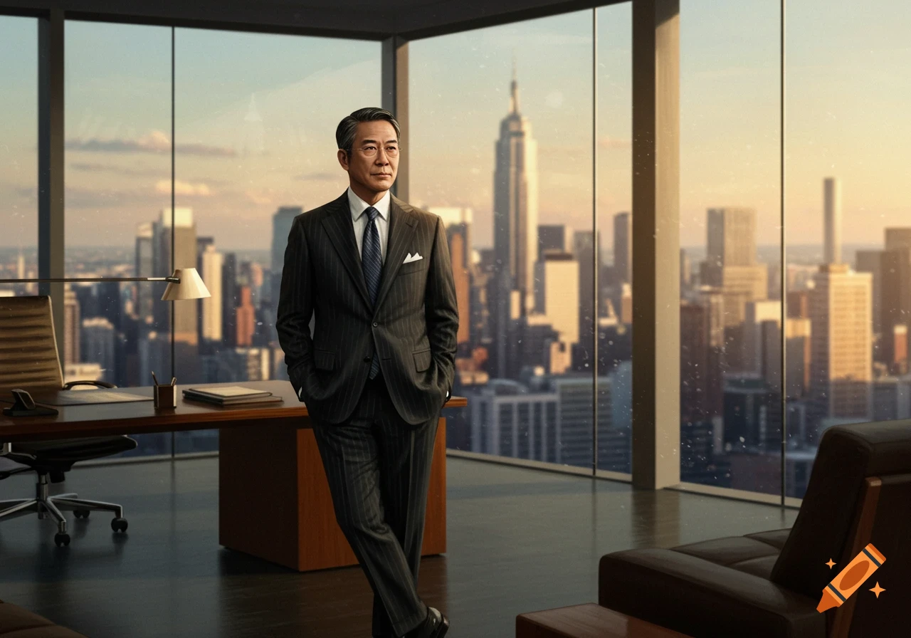 A distinguished East Asian man in a pinstripe suit stands in a modern office overlooking a city skyline at sunset.