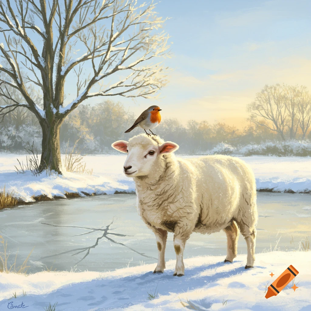 A robin perches on a white sheep's head in a sunny, snowy winter landscape with a bare tree and a partially frozen stream.