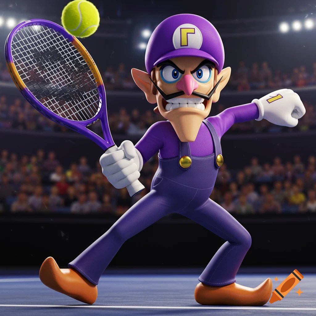 3D rendering of Waluigi in a purple tennis outfit, holding a racket on a court, ready to hit a tennis ball.