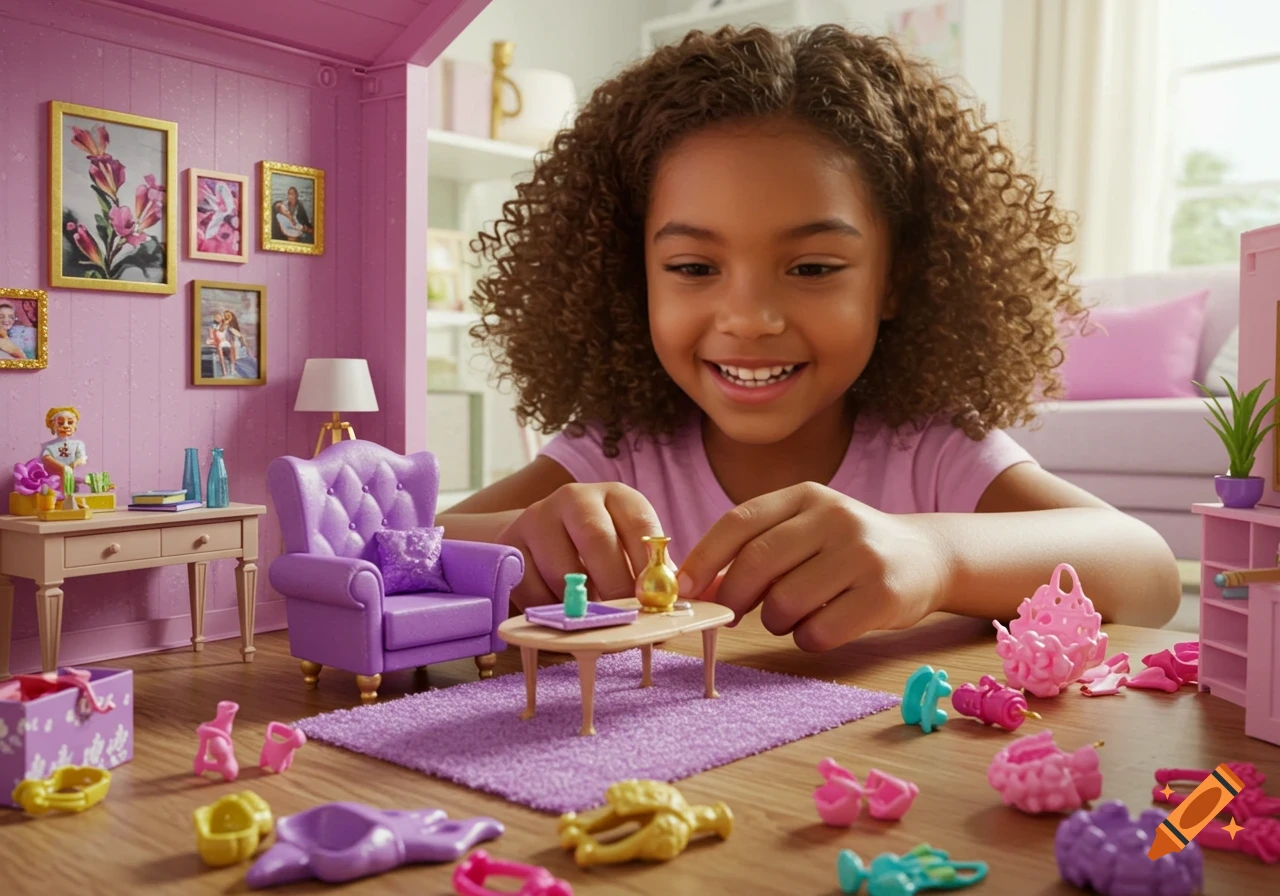 A smiling little girl with curly hair plays with a miniature dollhouse, arranging tiny furniture on a table with a purple rug.