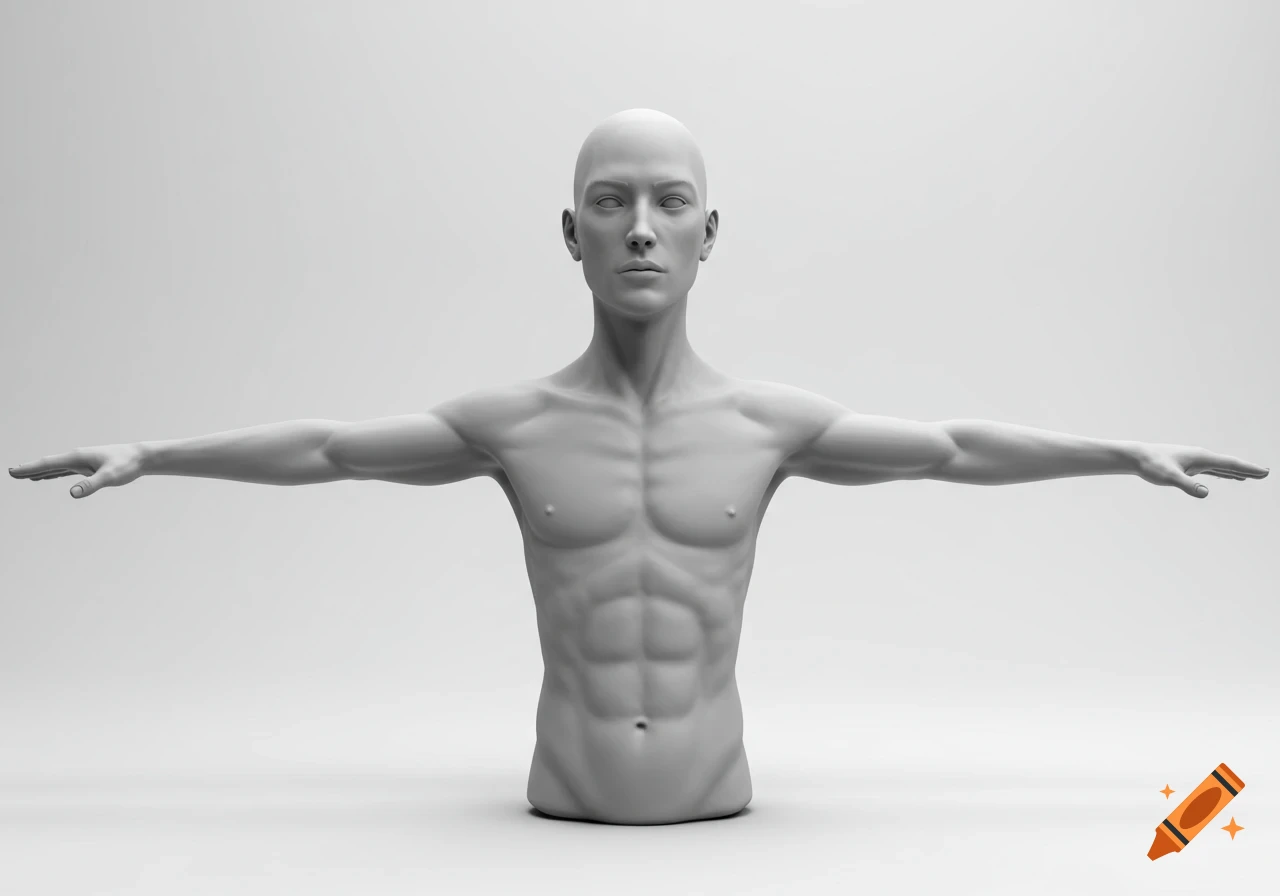 Photorealistic 3D render of an androgynous, bald, nude human torso model in a T-pose against a white background.