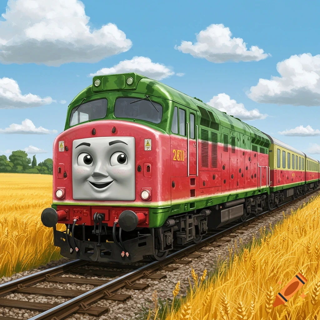 A smiling, cartoon watermelon-themed train travels on tracks through a golden wheat field under a blue sky with clouds.