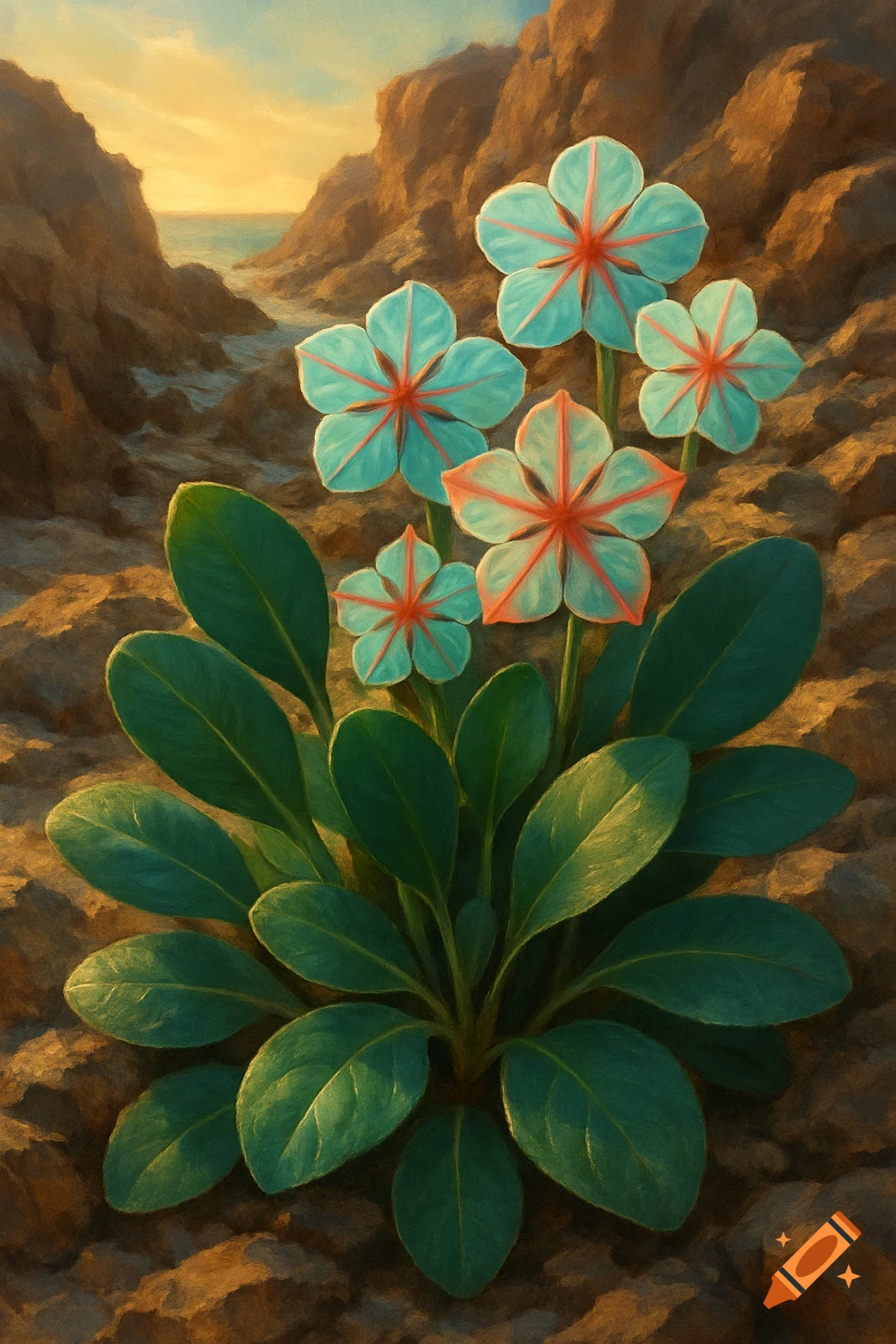 A plant with teal, star-shaped flowers and dark green leaves on rocky coastal cliffs at sunset, painted style.