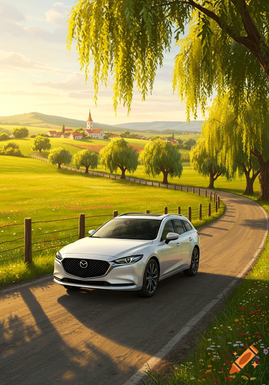A stylized illustration of a white Mazda station wagon driving on a winding country road through a lush green European landscape with a village and willow trees.