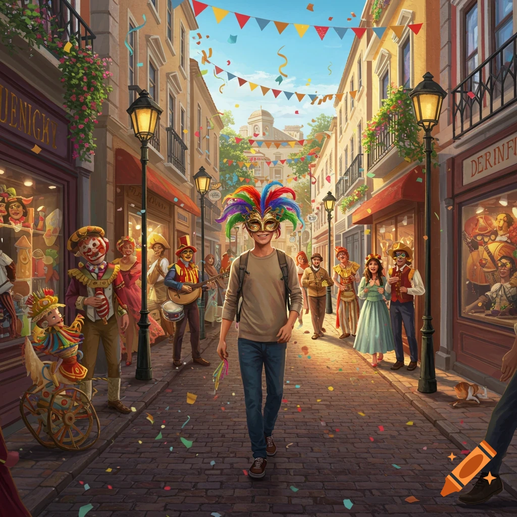 A young man wearing a vibrant feathered carnival mask walks down a festive street filled with costumed revelers and confetti, under colorful flags.