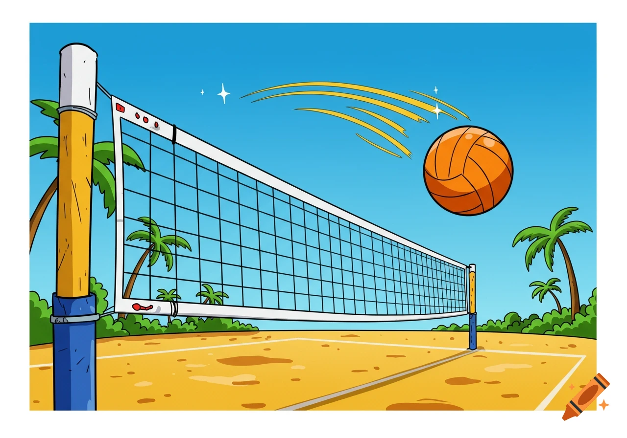 Cartoon illustration of a volleyball net on a sandy beach with palm trees and a volleyball in mid-air.