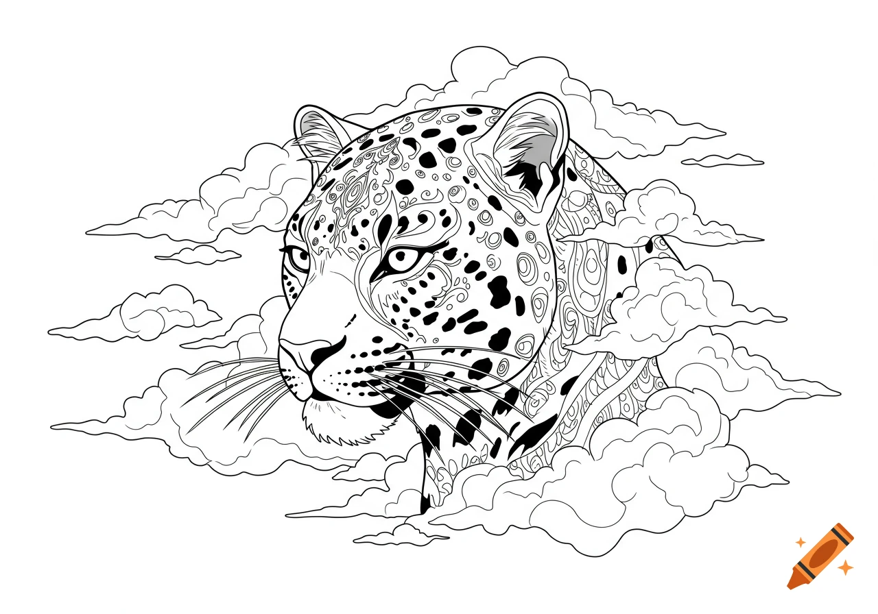 Black and white line art of a leopard's head with intricate patterns on its fur, surrounded by stylized clouds, suitable for a coloring book.