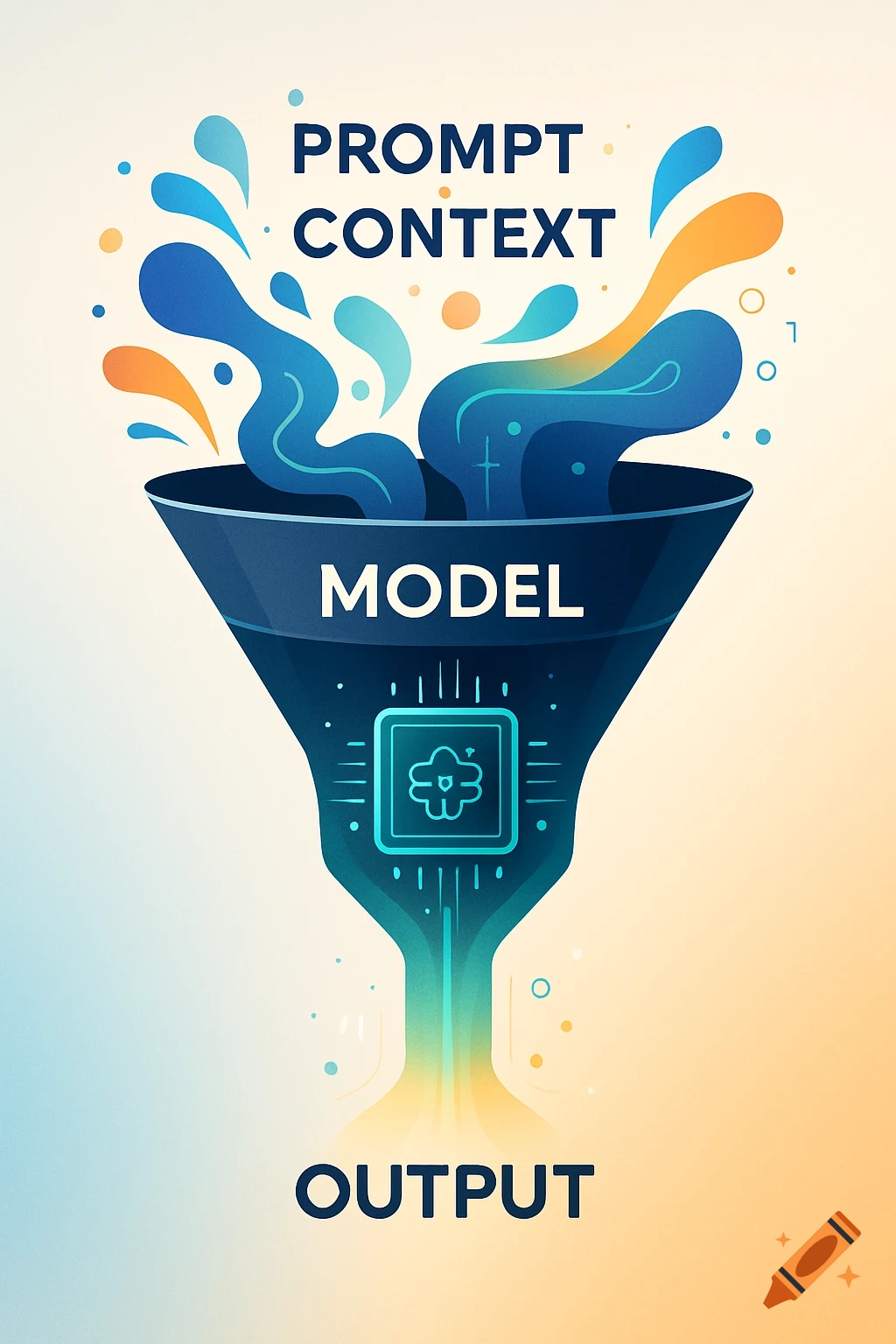 Stylized funnel diagram showing data flow: 'PROMPT', 'CONTEXT' into 'MODEL', producing 'OUTPUT'.