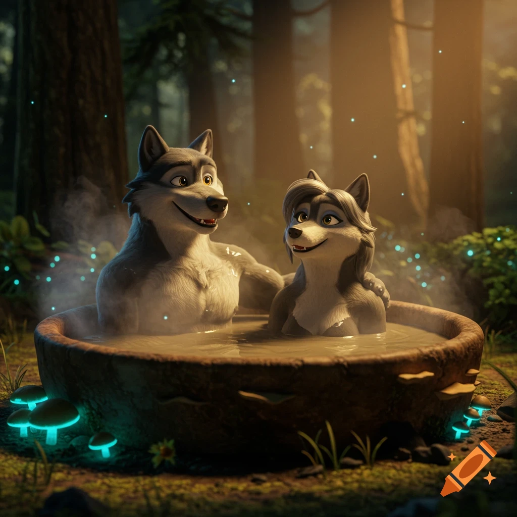A happy anthropomorphic wolf couple relaxing together in a steaming mud hot tub in a glowing magical forest, 3D animation.