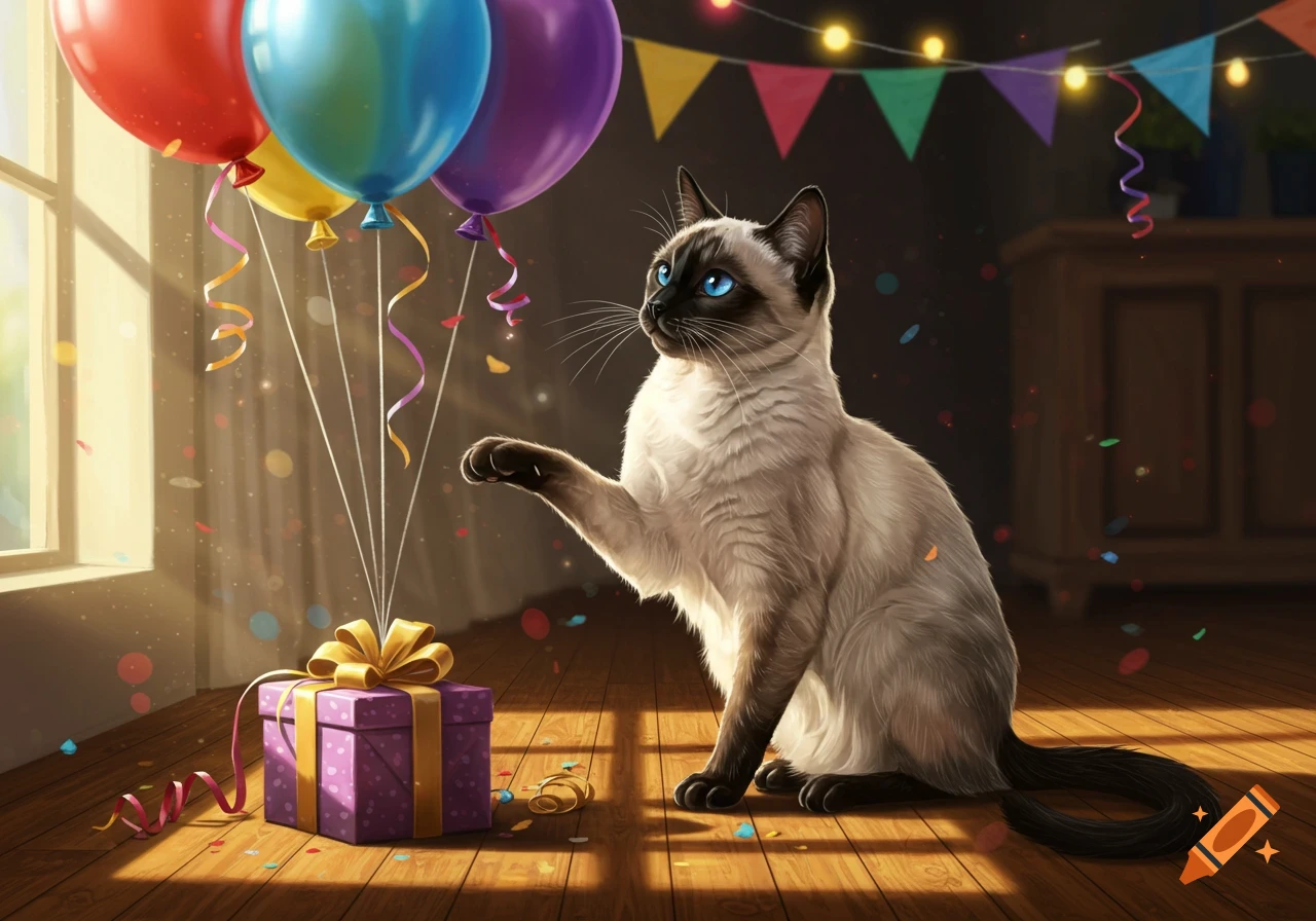 A Siamese cat with blue eyes reaches a paw towards colorful balloons tied to a birthday gift in a sunlit room.