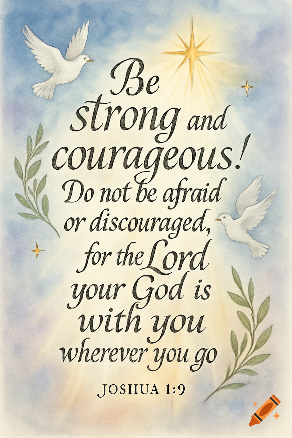 A watercolor illustration of a Bible verse from Joshua 1:9, "Be strong and courageous! Do not be afraid or discouraged, for the Lord your God is with you wherever you go," flanked by white doves, olive branches, and a golden star.