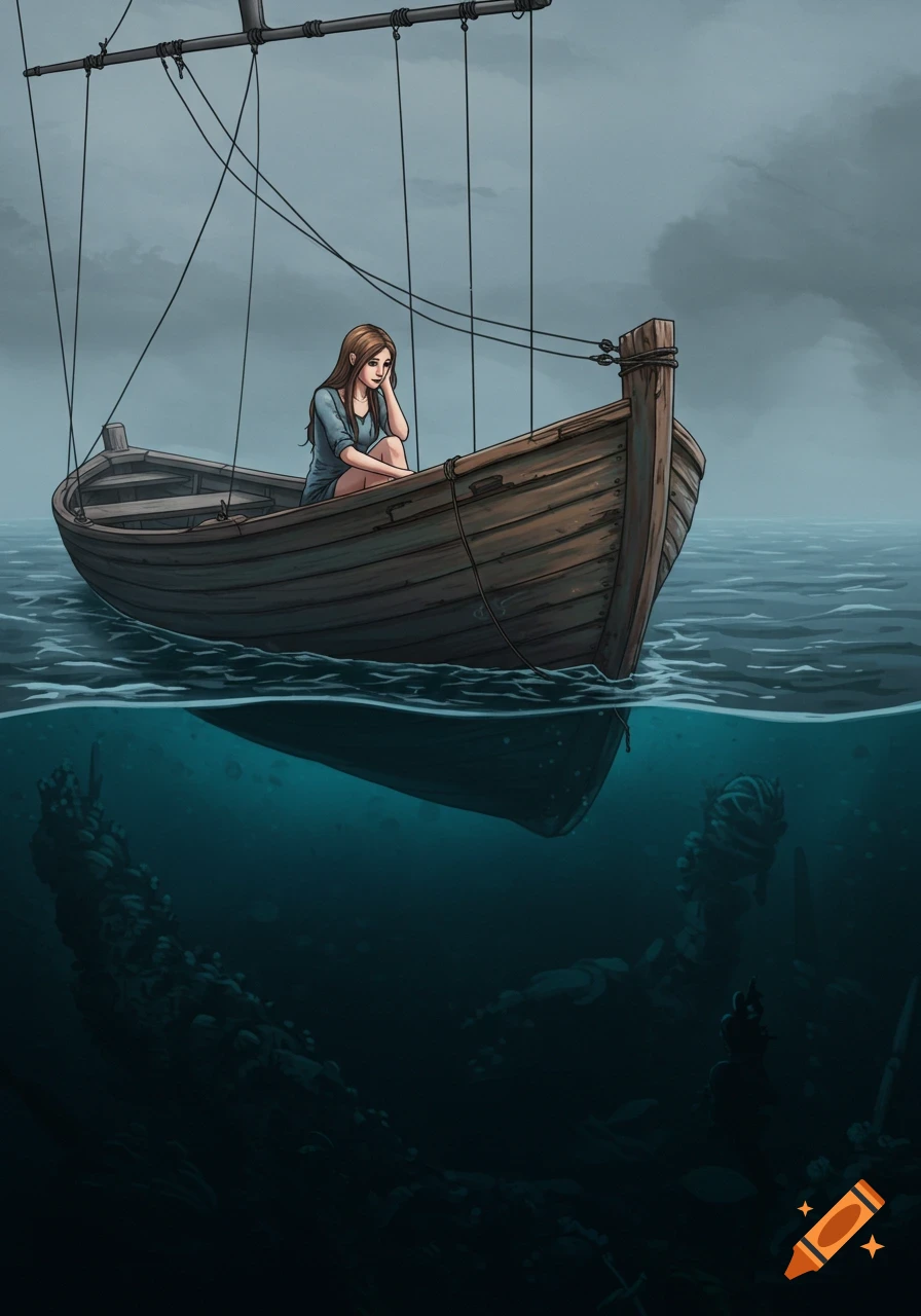 Illustrated scene of a melancholic woman in a small wooden boat on a gloomy ocean, looking down at a mysterious dark abyss with skeletal figures.