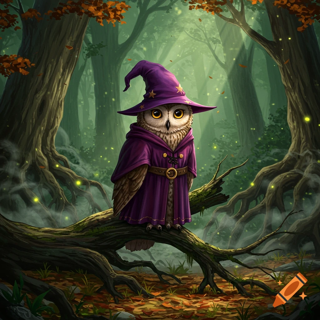 A cute owl wearing a purple wizard hat and robe sits on a mossy branch in a mystical, glowing enchanted forest.