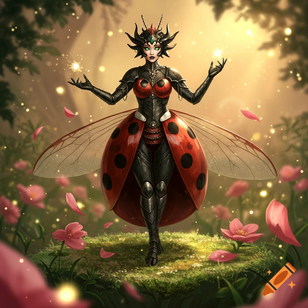 A regal ladybug queen in dark armor and a red spotted skirt stands in an enchanted forest with glowing lights and pink flowers.