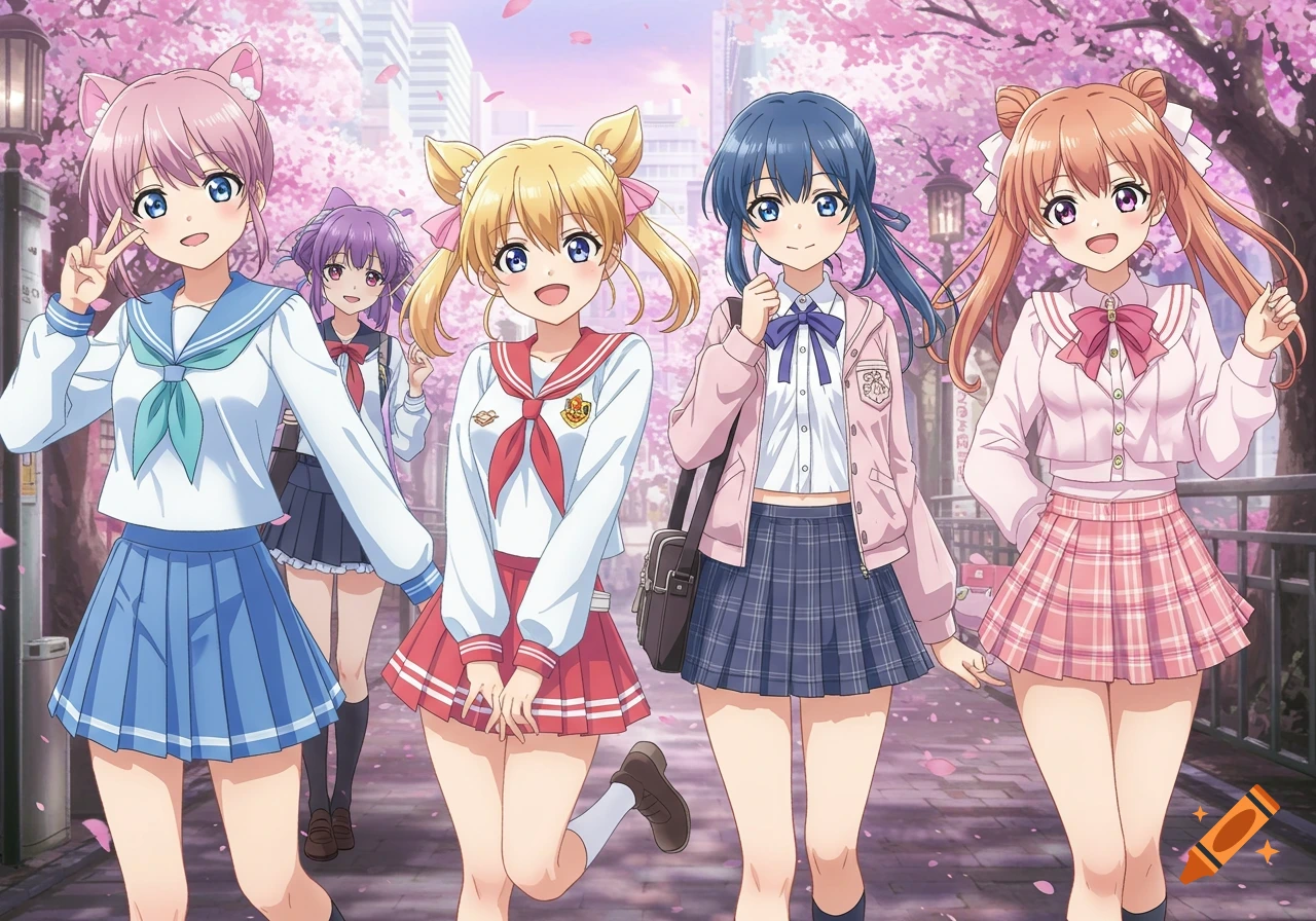 Five anime schoolgirls with varying hair colors, wearing different uniforms, walk down a street lined with cherry blossom trees with falling petals.