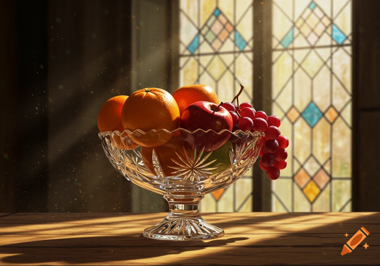 Photorealistic still life of a cut glass bowl filled with oranges, an apple, and grapes on a wooden table, bathed in light from a stained glass window.