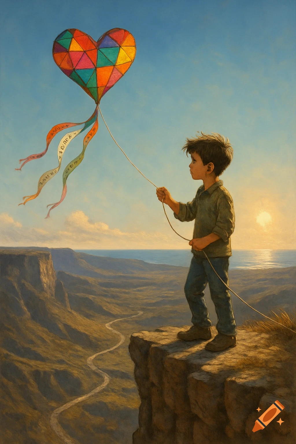 A boy stands on a cliff, holding a heart-shaped kite with colorful ribbons over a vast landscape and ocean.