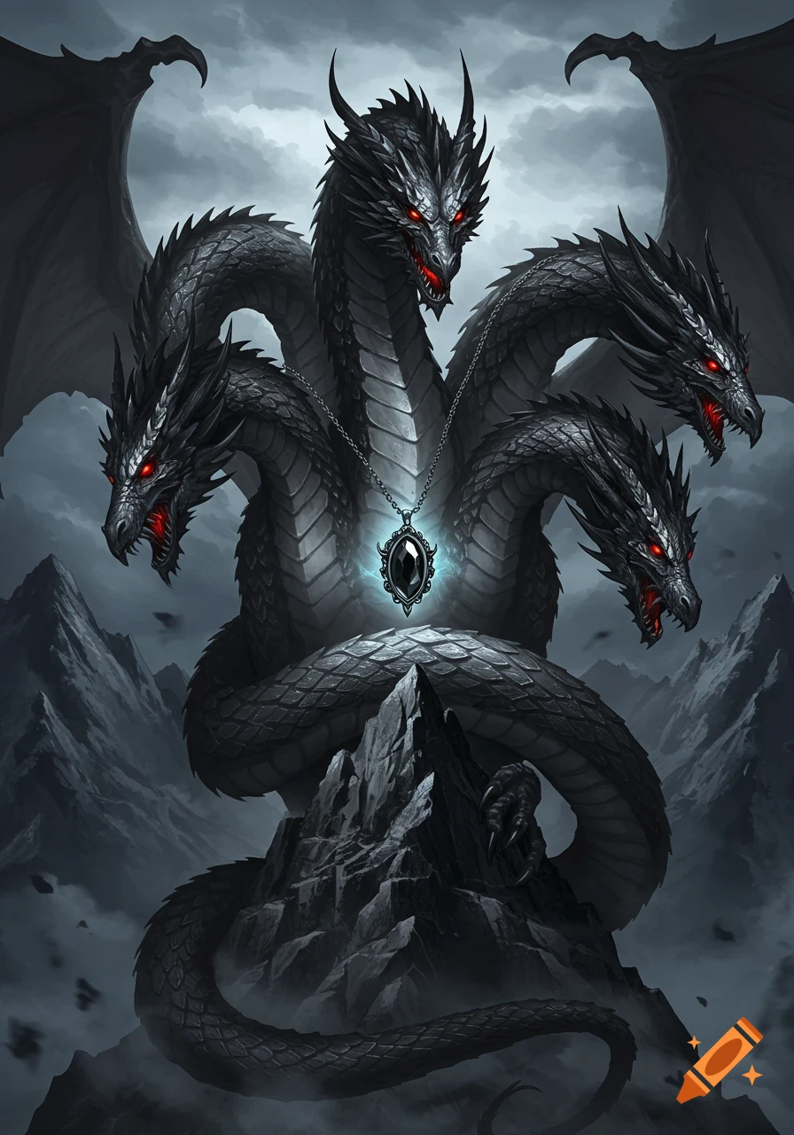 A formidable five-headed black dragon with red eyes and large wings coiled around a mountain peak, wearing a glowing black pendant, in a dark fantasy style.