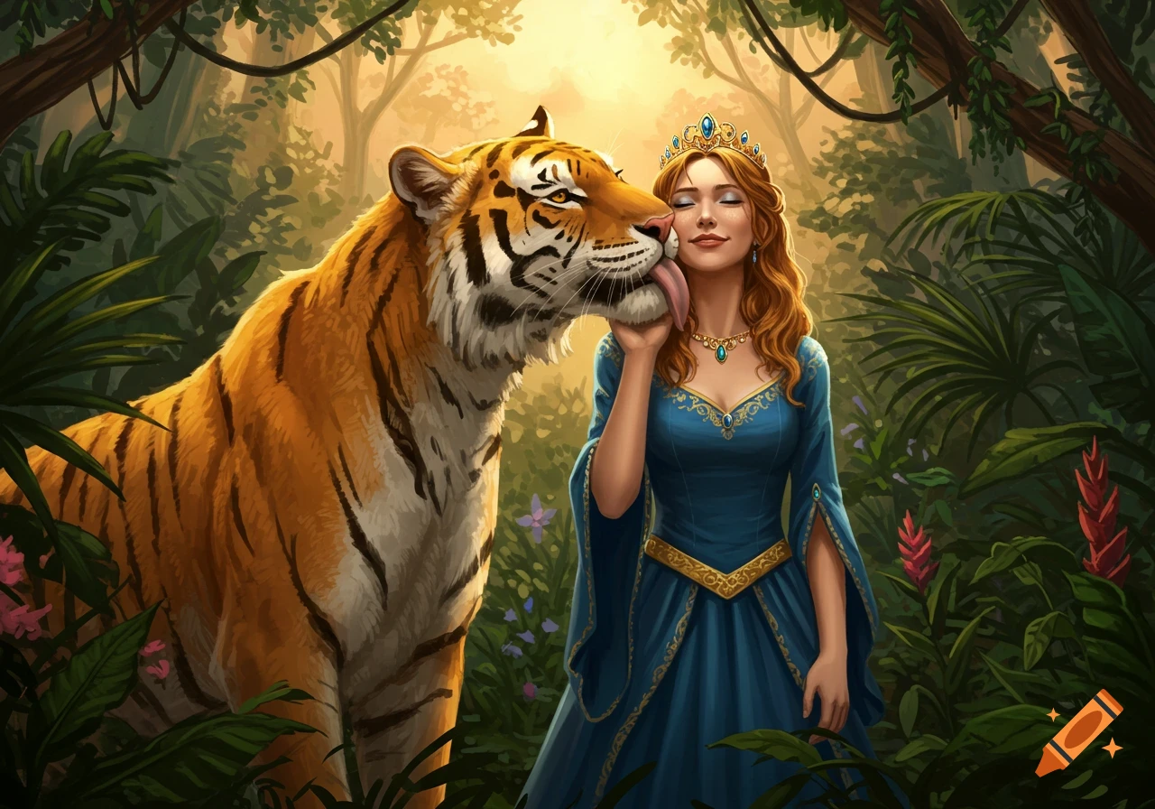 A princess with a golden crown and blue dress smiles as a large tiger licks her face in a lush jungle.