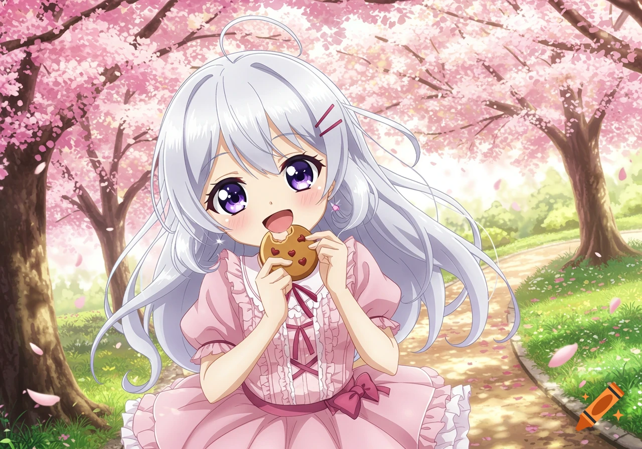 Cute anime girl with long silver hair in a pink dress, smiling while eating a cookie in a cherry blossom park.