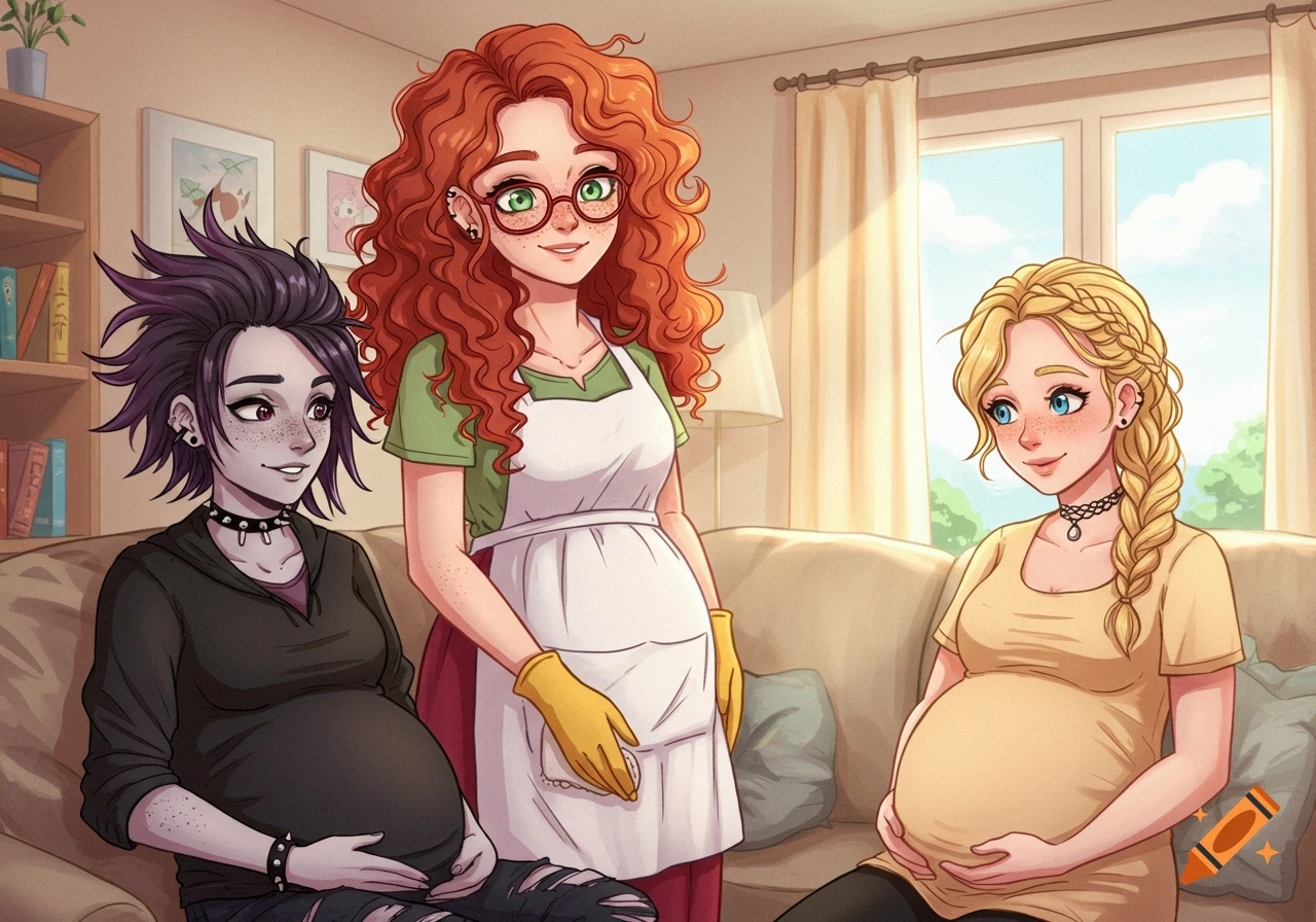 Shoujo style illustration of three women in a living room; one with red curly hair in an apron stands, two pregnant women sit on a sofa.