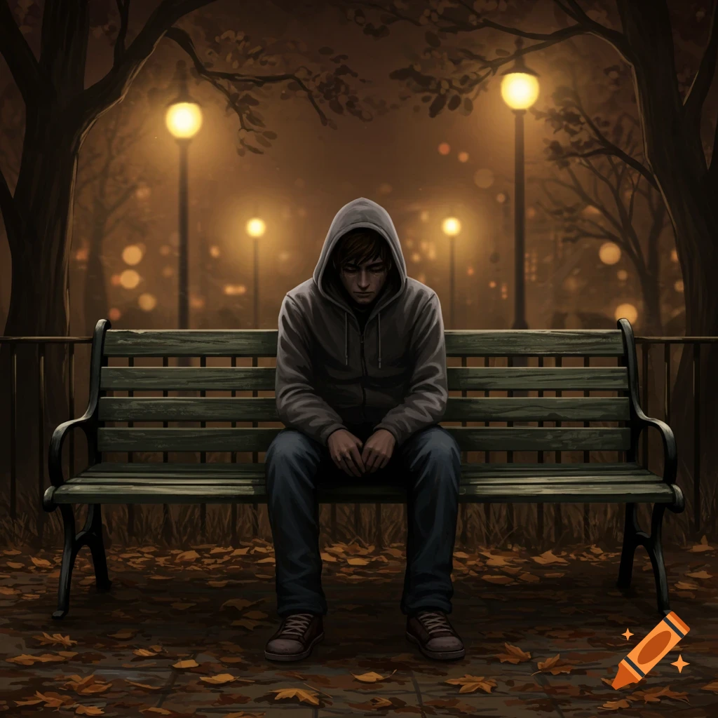 A depressed person in a grey hoodie sits alone on a park bench at night, illuminated by streetlights, with fallen leaves on the ground.