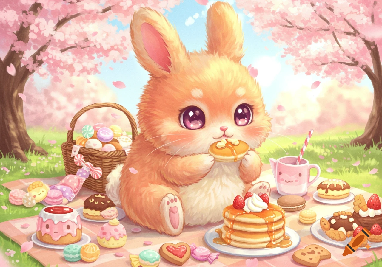 A fluffy orange kawaii bunny eats a pancake at a picnic surrounded by sweets and cherry blossoms in a vibrant illustration.