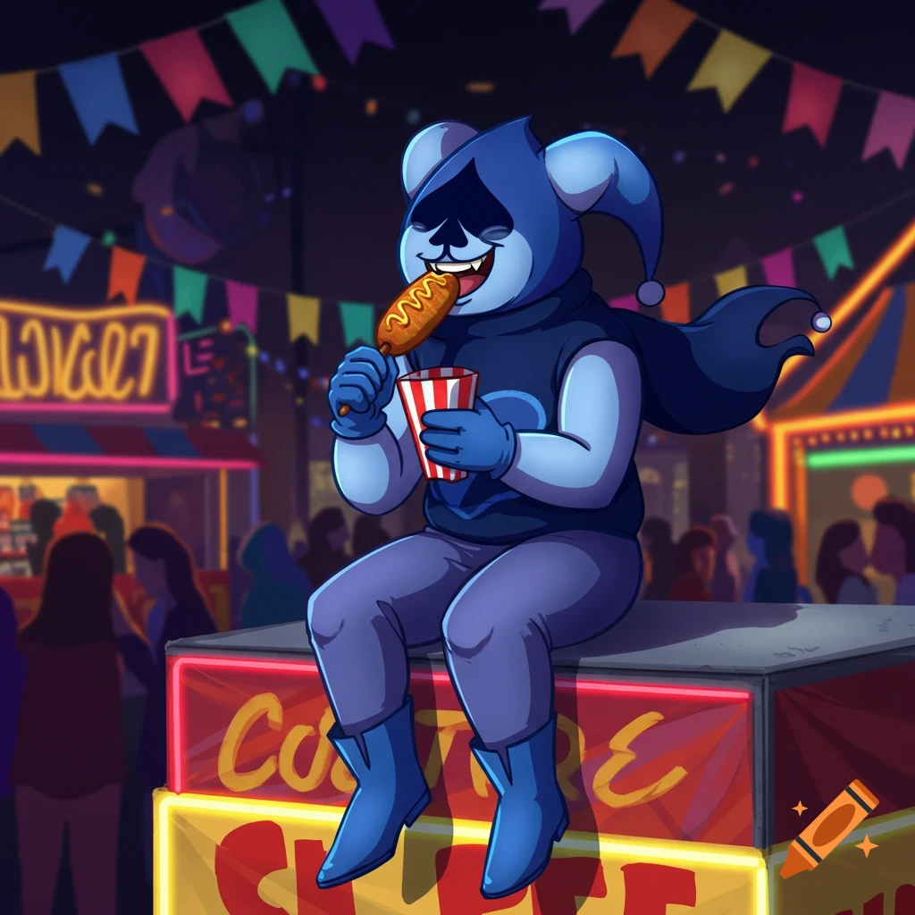 Cartoon Lancer from Deltarune sits at a neon-lit carnival, happily eating a corn dog.