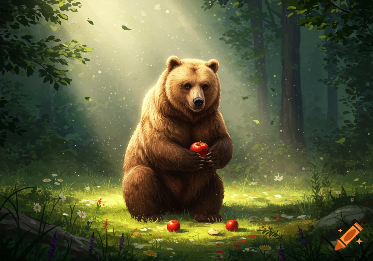 An illustrated brown bear sits in a sunny forest clearing, holding a red apple. More apples lie on the grassy ground.
