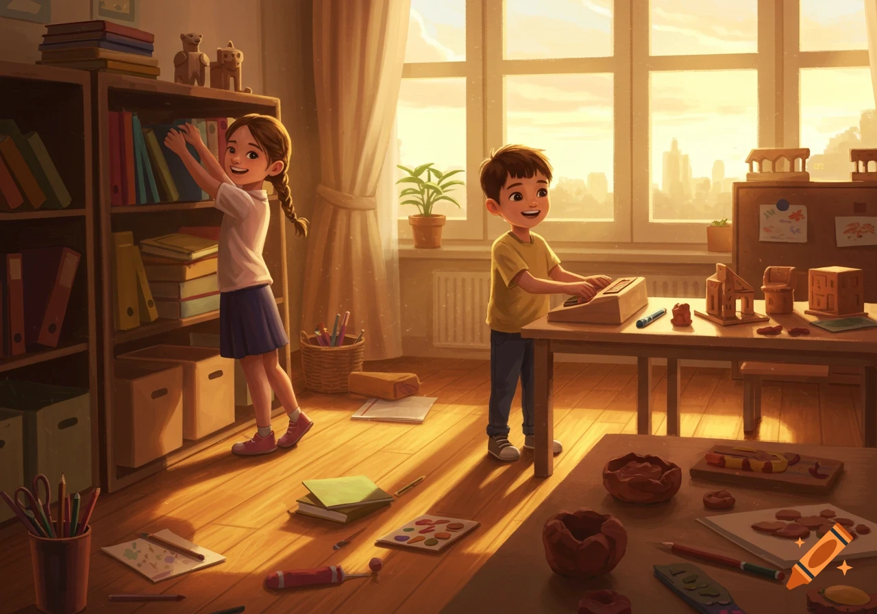 An illustration shows a girl and boy tidying a sunlit classroom, with books, craft supplies, and toys scattered around.