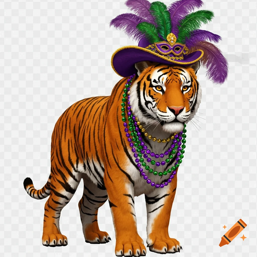 A realistic tiger stands, wearing a purple Mardi Gras hat with green and purple feathers, and necklaces of green, gold, and purple beads.