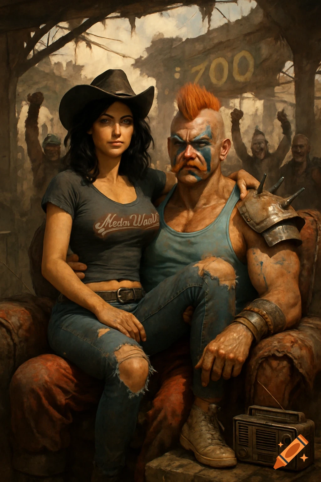 A woman in a cowboy hat and ripped jeans sits on the lap of a muscular man with a mohawk and face paint in a ruined setting, with cheering figures in the background.