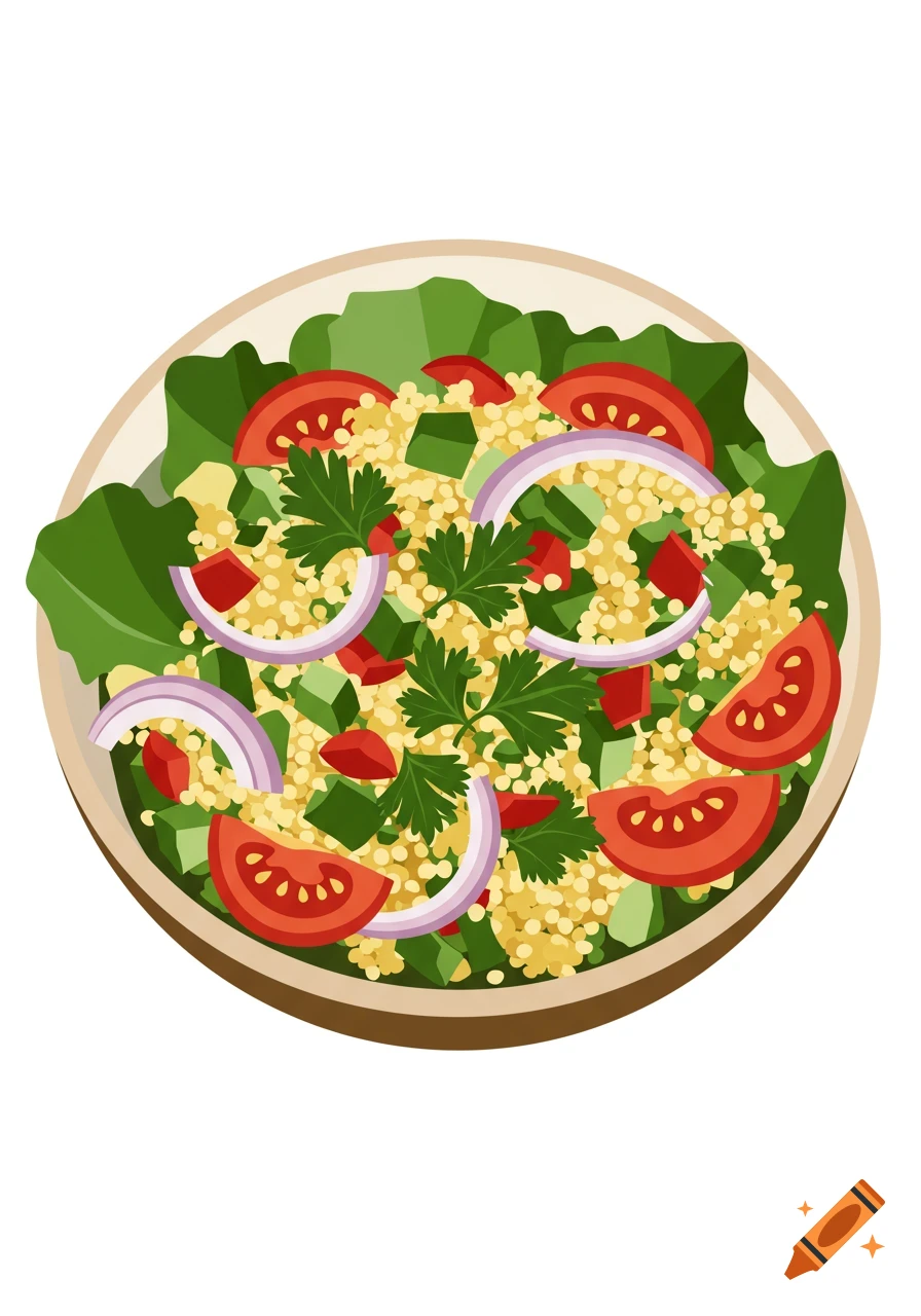 Overhead illustration of a fresh couscous salad with tomatoes, red onions, cucumber, and parsley in a bowl.