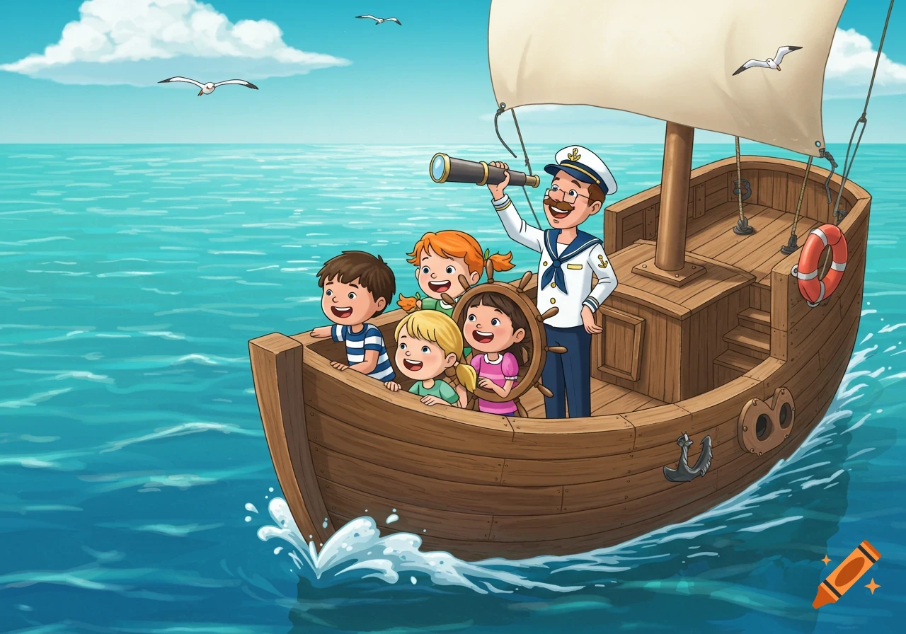 Cartoon of smiling children and a captain on a wooden sailboat on a calm sea under a blue sky with seagulls.