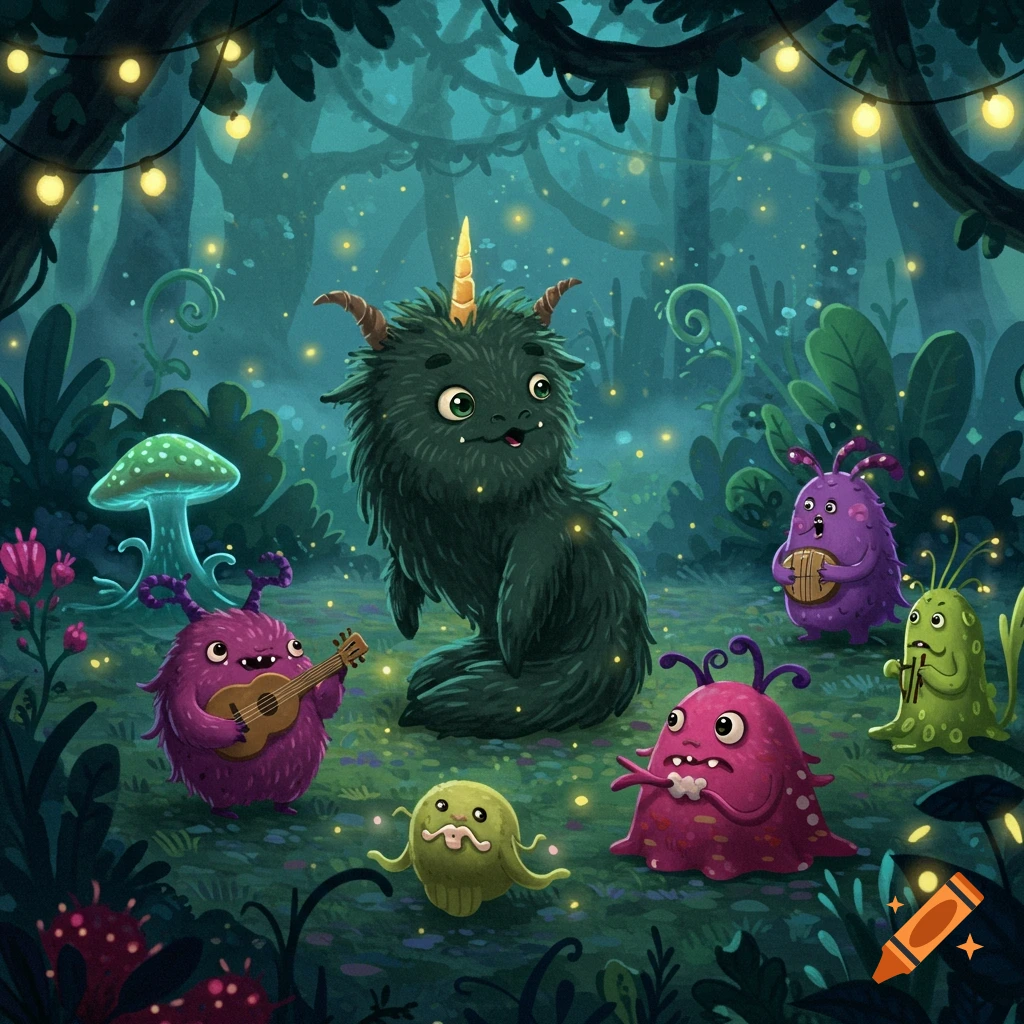 A whimsical illustration of colorful, cute cartoon monsters playing instruments in an enchanted dark forest with string lights.