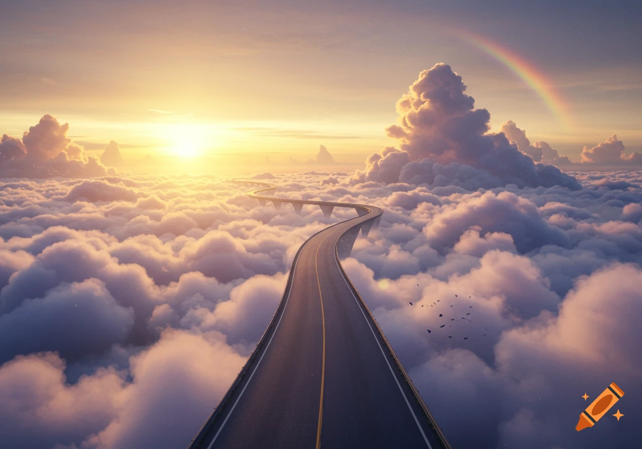 A winding road extends through a vast expanse of fluffy white clouds under a golden sunset, with a subtle rainbow in the sky.