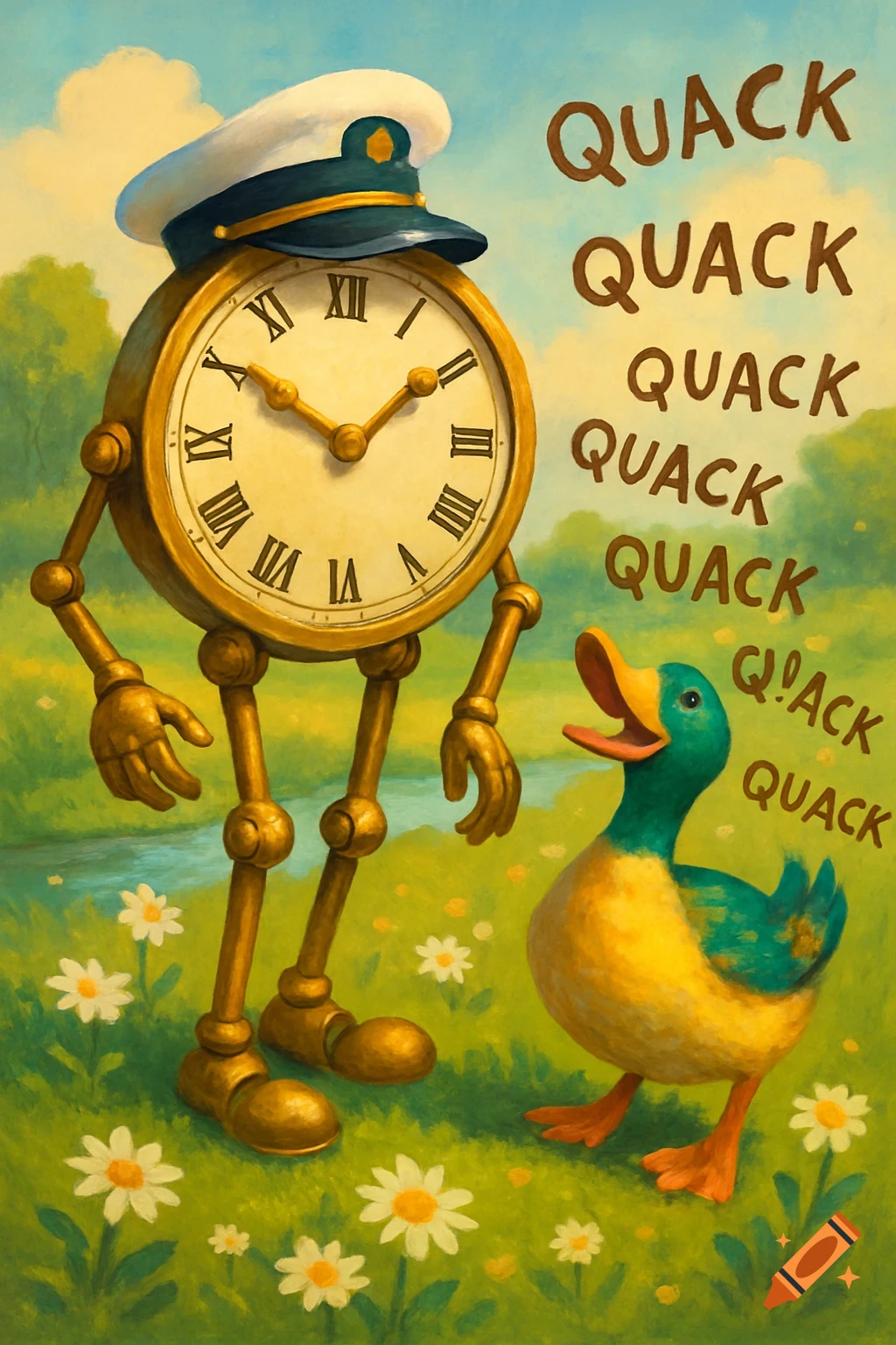 A whimsical illustration of a clock man with a captain's hat standing in a grassy field with a duck, with "QUACK" text floating around.