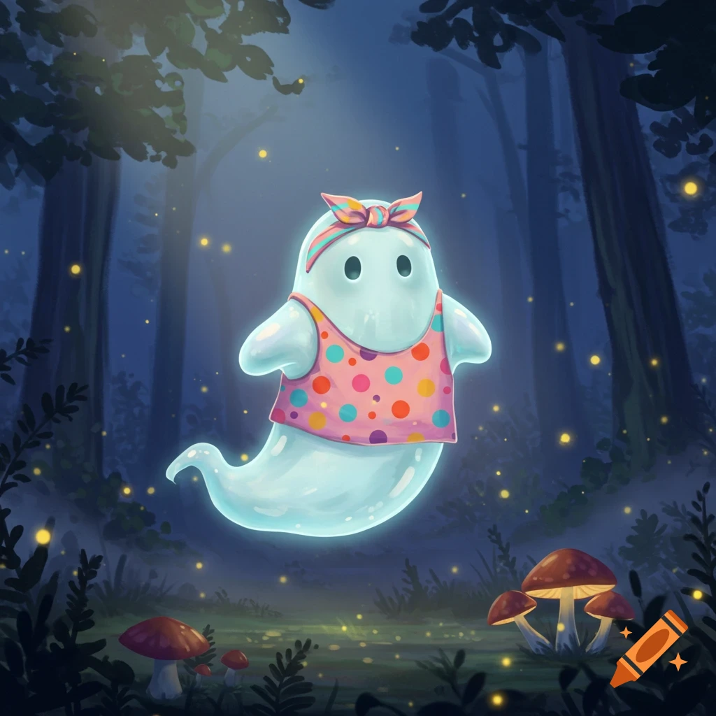 A cute, glowing ghost wearing a polka-dotted tank top and a patterned headband floats in a dark, magical forest with glowing mushrooms and fireflies.