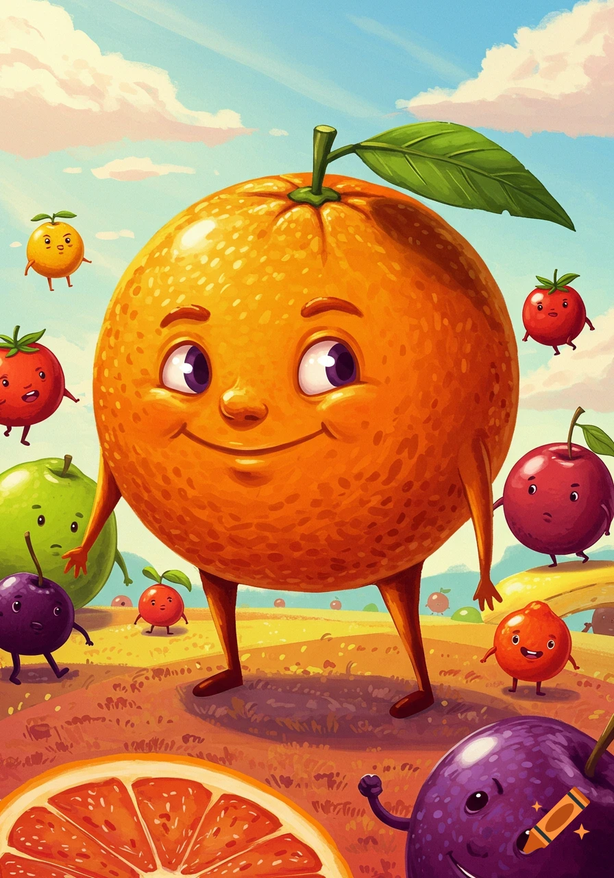A happy, anthropomorphic orange with legs stands in a sunny, cartoon landscape surrounded by other small, smiling fruits.