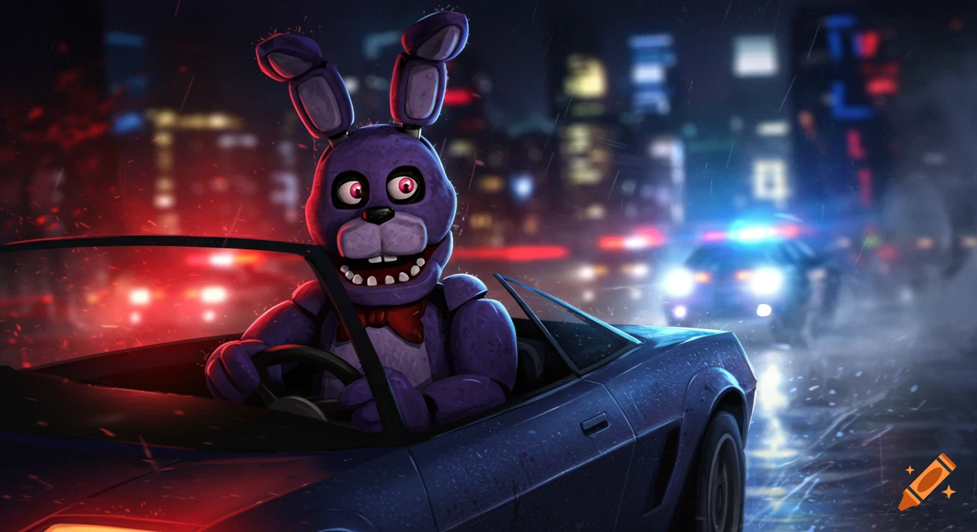 Bonnie from FNAF drives a dark blue car through a rainy city street at night, pursued by police. Digital art.
