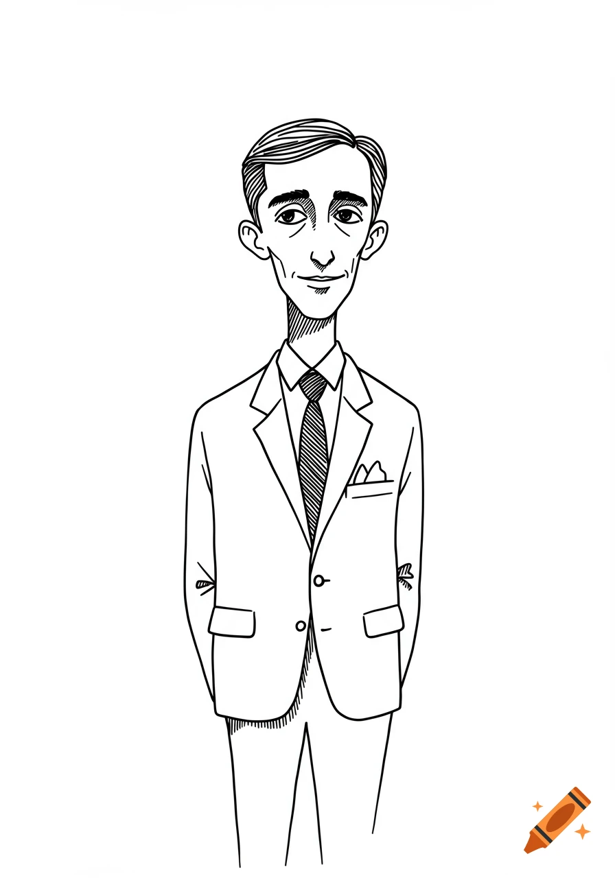 A black and white line art caricature of a smiling man in a suit, hands behind his back.