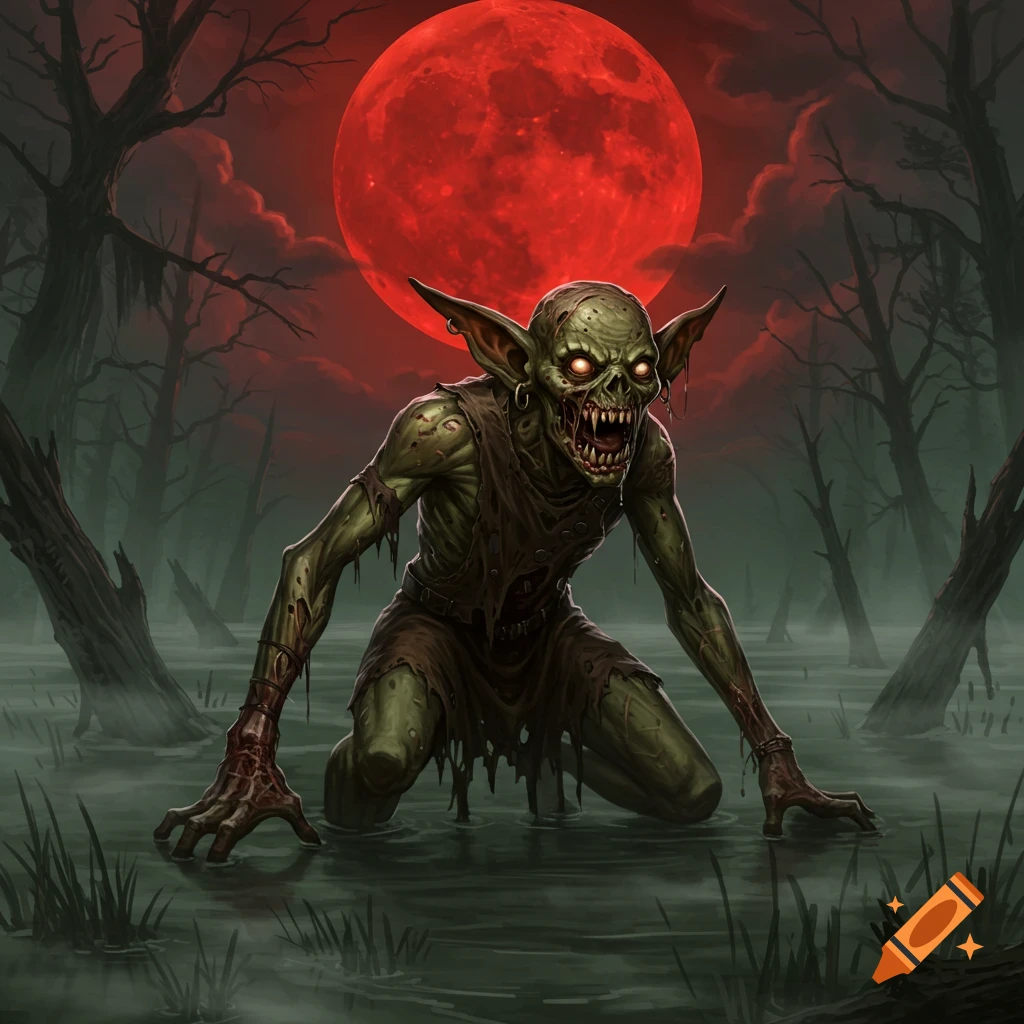 A grotesque green zombie goblin crawls in a dark swamp under a giant, ominous red blood moon, in a stylized, detailed illustration.