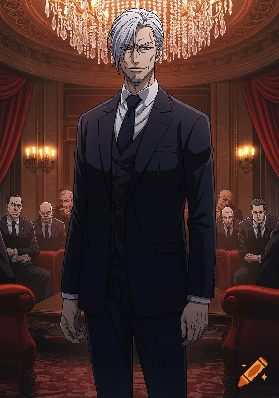 An anime-style man with platinum hair in a dark suit stands in an ornate room with a chandelier, surrounded by other men.