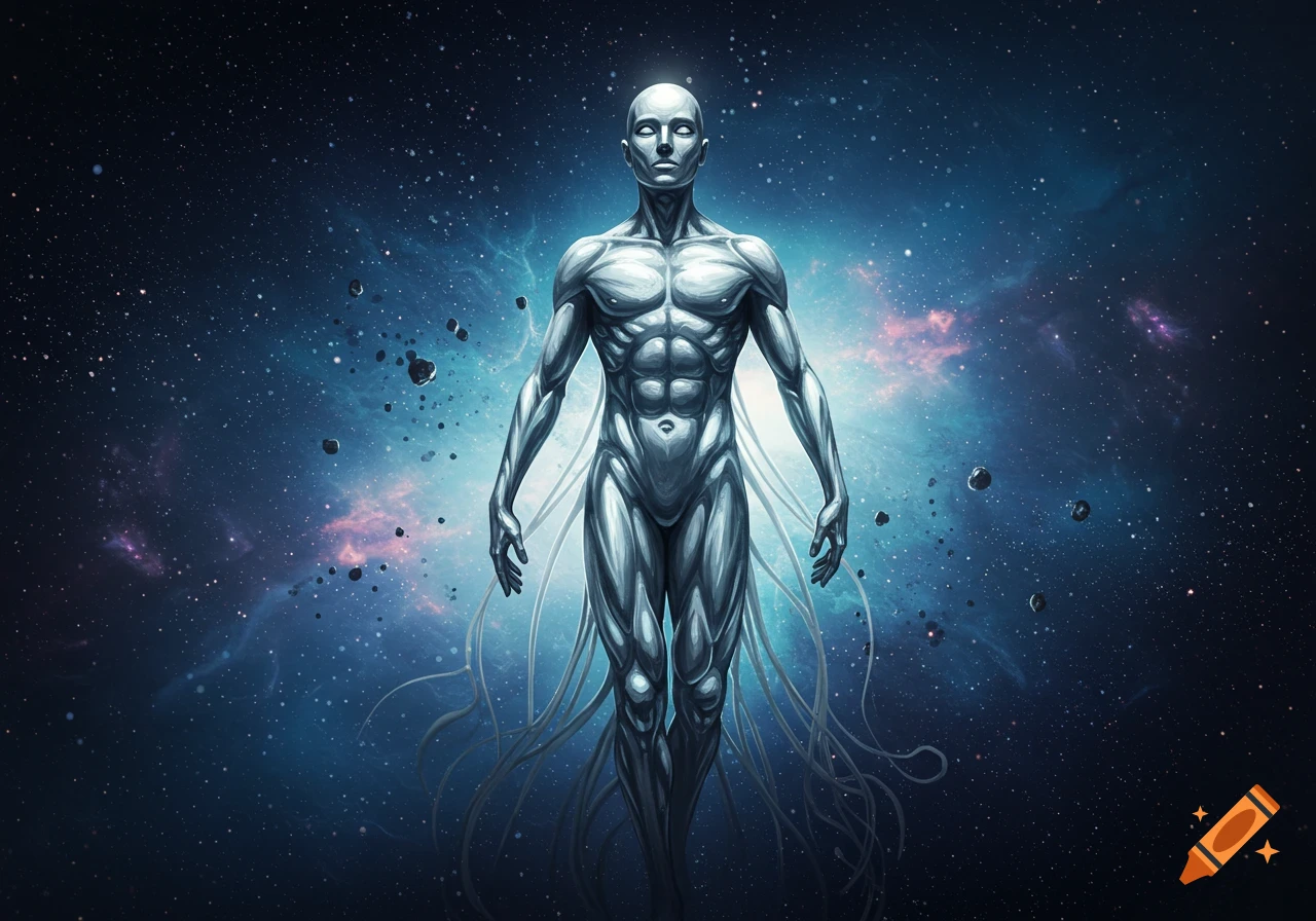 A metallic, human-like figure stands in the vast, star-filled cosmic expanse, radiating a faint glow.