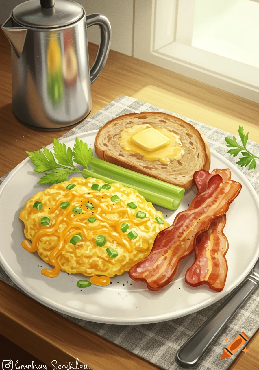 A plate of scrambled eggs with cheese, bacon, toast with butter, and celery, next to a coffee pot in an illustration.