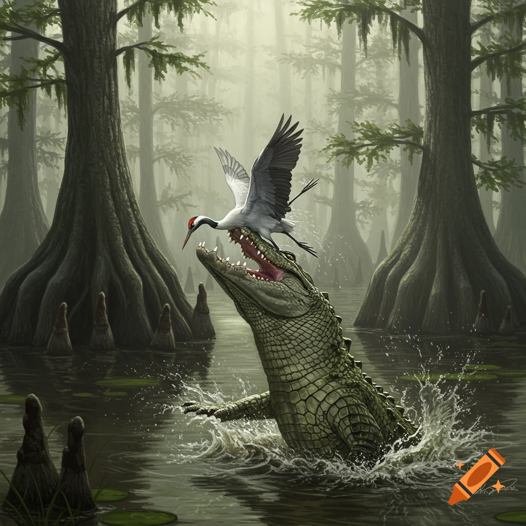 A gator leaps out of murky swamp water, jaws open, about to catch a crane flying low overhead in a foggy cypress forest.