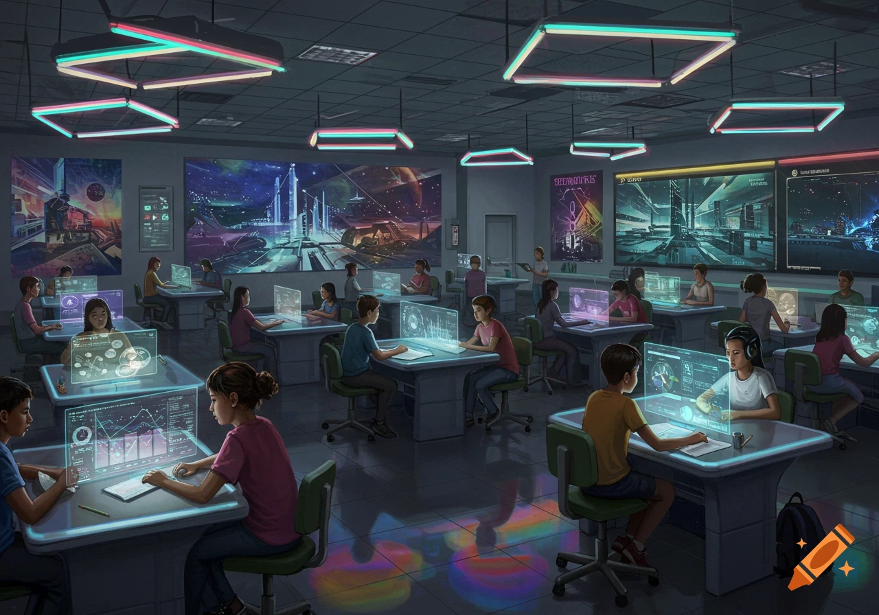 A futuristic classroom where students sit at desks with holographic screens, surrounded by colorful neon lights and large display screens on the walls.