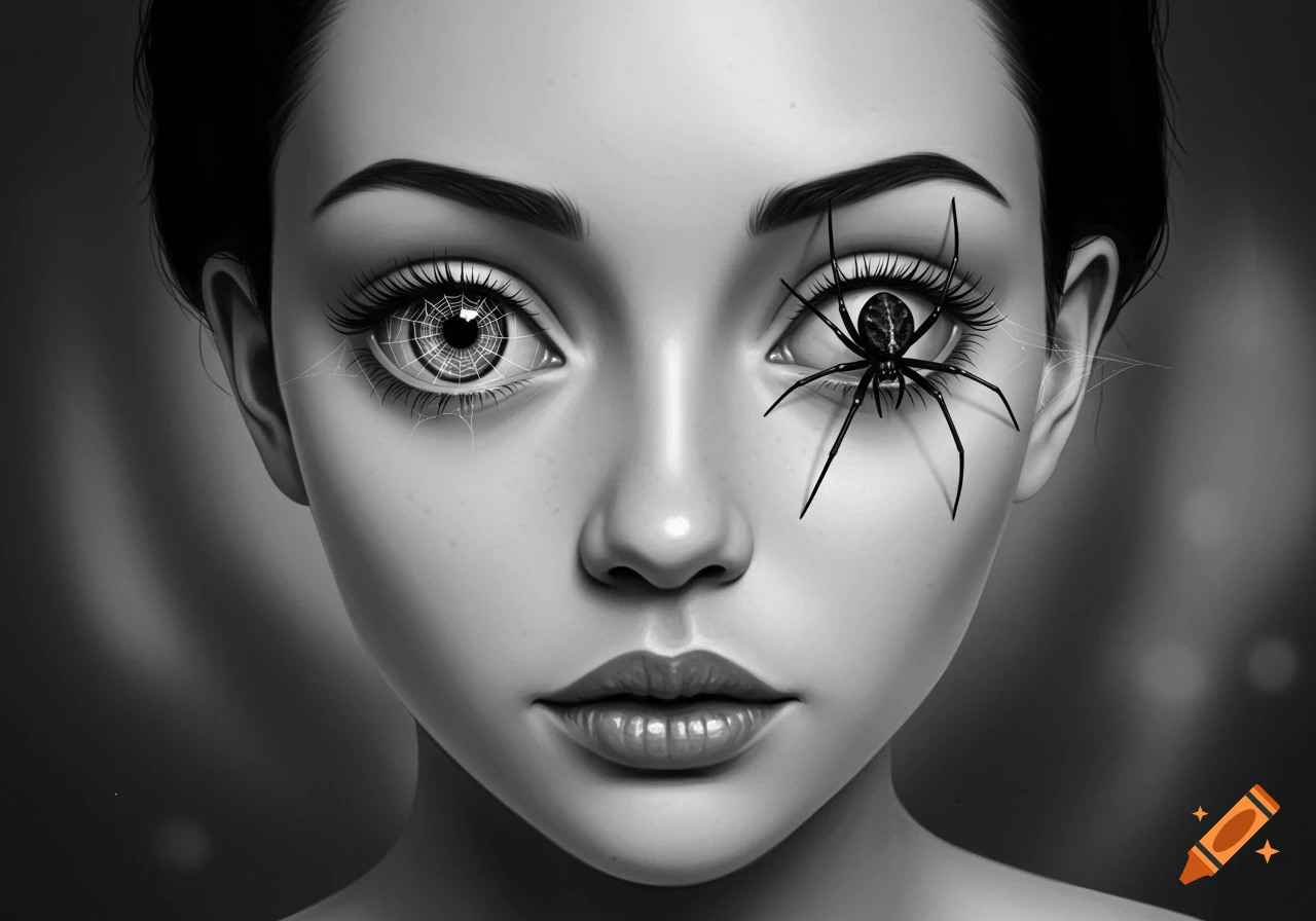Close-up digital art portrait of a woman in grayscale, with a spiderweb in one eye and a black spider emerging from the other.